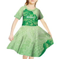 Aloha Hawaii Molokai Island Kid Short Sleeve Dress Hibiscus Tribal Honu Hawaiian Tattoo Green
