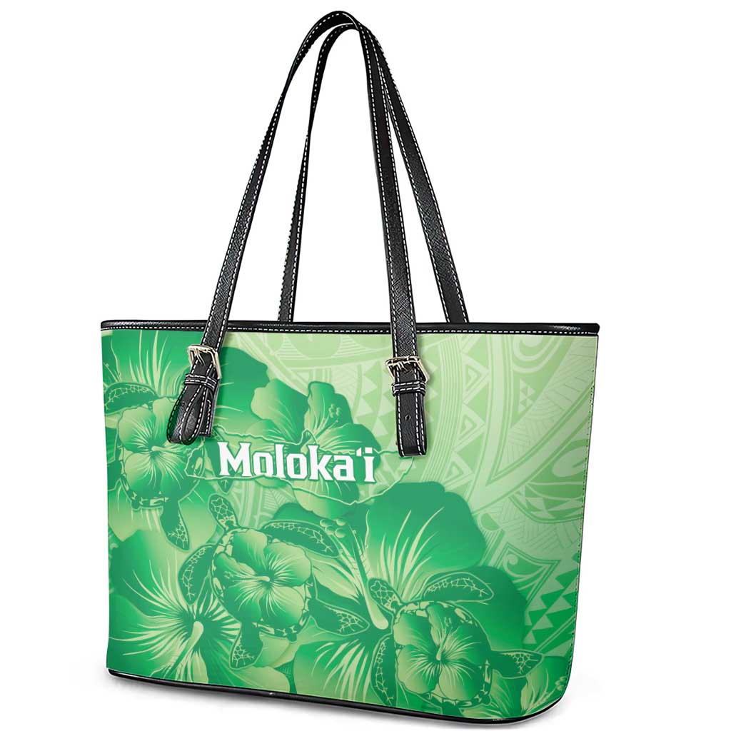 Aloha Hawaii Molokai Island Leather Tote Bag Hibiscus Tribal Honu Hawaiian Tattoo Green