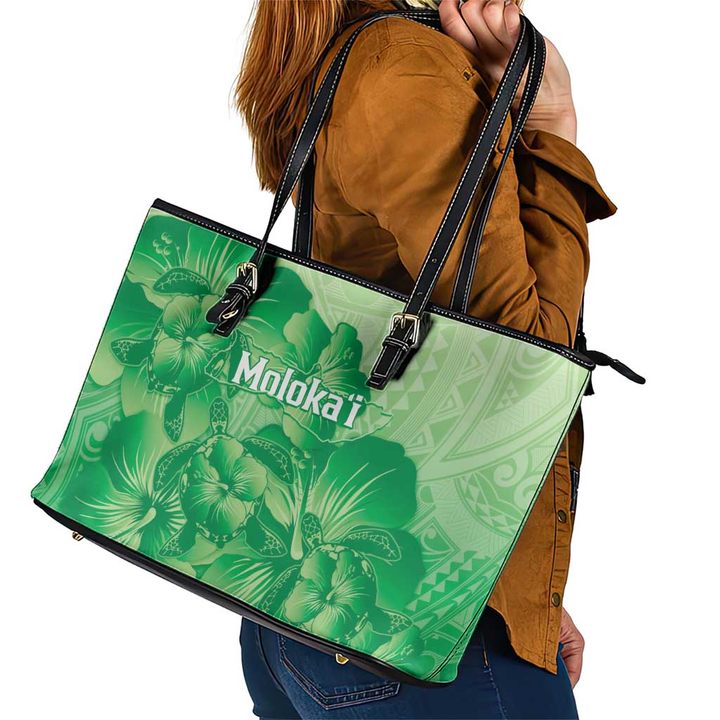Aloha Hawaii Molokai Island Leather Tote Bag Hibiscus Tribal Honu Hawaiian Tattoo Green