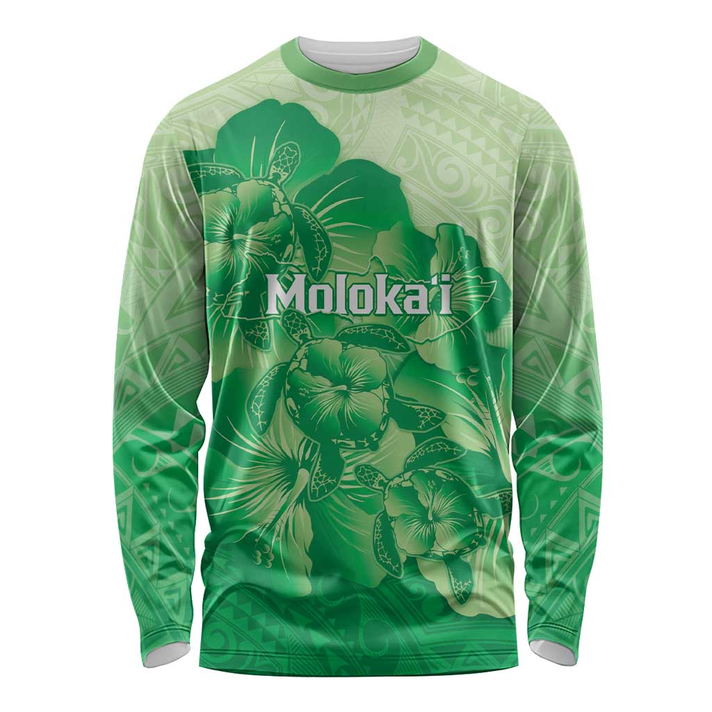 Aloha Hawaii Molokai Island Long Sleeve Shirt Hibiscus Tribal Honu Hawaiian Tattoo Green