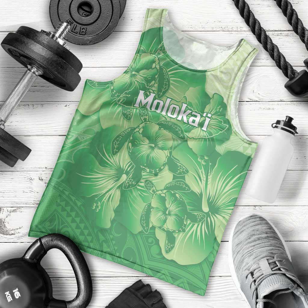 Aloha Hawaii Molokai Island Men Tank Top Hibiscus Tribal Honu Hawaiian Tattoo Green
