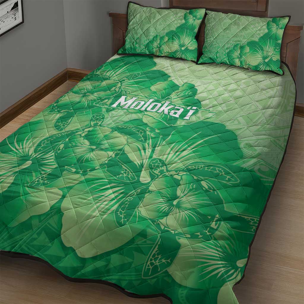 Aloha Hawaii Molokai Island Quilt Bed Set Hibiscus Tribal Honu Hawaiian Tattoo Green