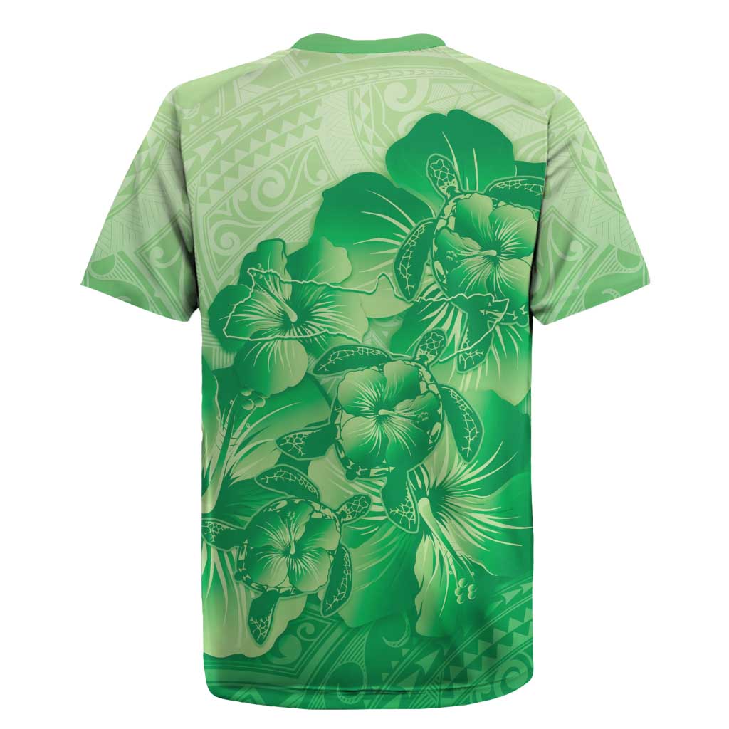 Aloha Hawaii Molokai Island Rugby Jersey Hibiscus Tribal Honu Hawaiian Tattoo Green