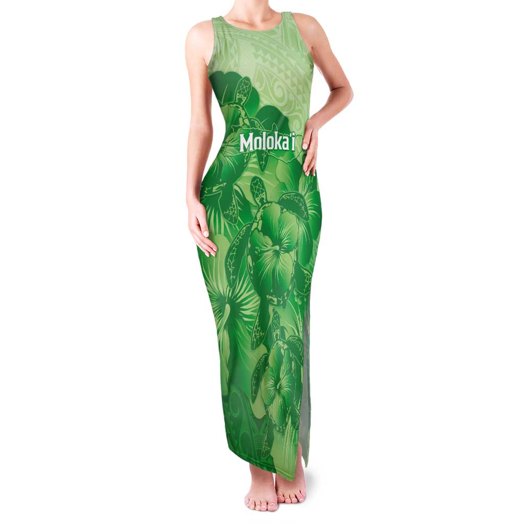 Aloha Hawaii Molokai Island Tank Maxi Dress Hibiscus Tribal Honu Hawaiian Tattoo Green