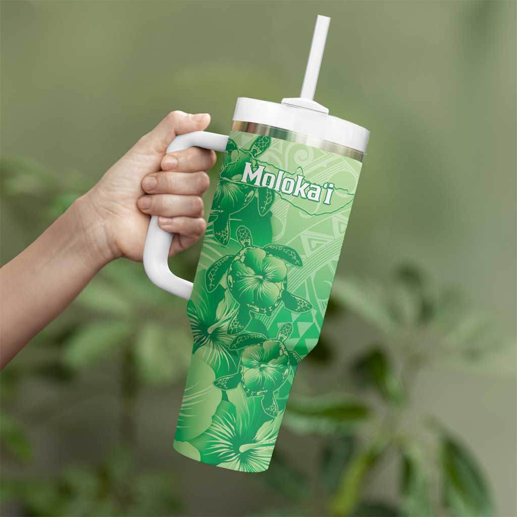 Aloha Hawaii Molokai Island Tumbler With Handle Hibiscus Tribal Honu Hawaiian Tattoo Green