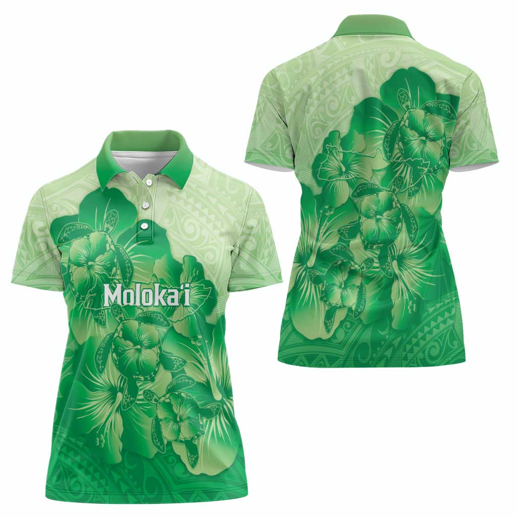 Aloha Hawaii Molokai Island Women Polo Shirt Hibiscus Tribal Honu Hawaiian Tattoo Green