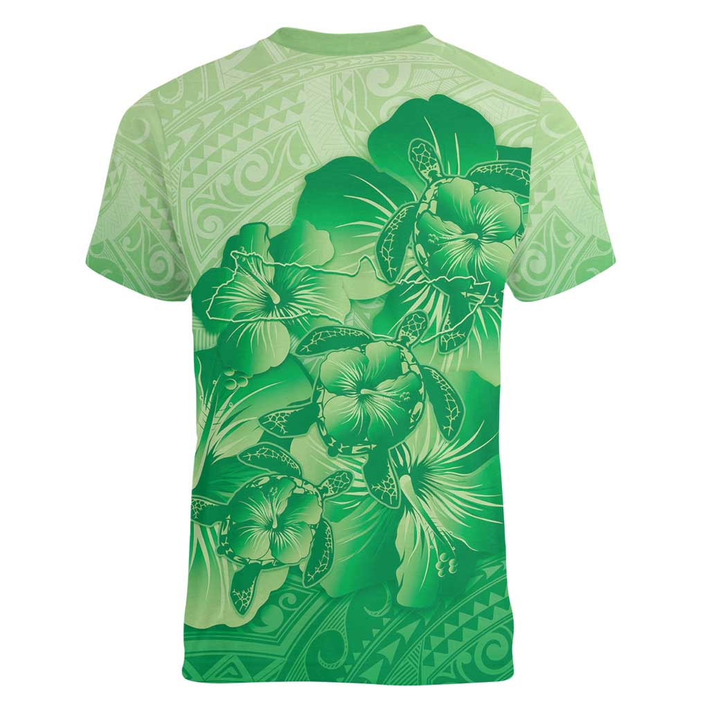 Aloha Hawaii Molokai Island Women V-Neck T-Shirt Hibiscus Tribal Honu Hawaiian Tattoo Green