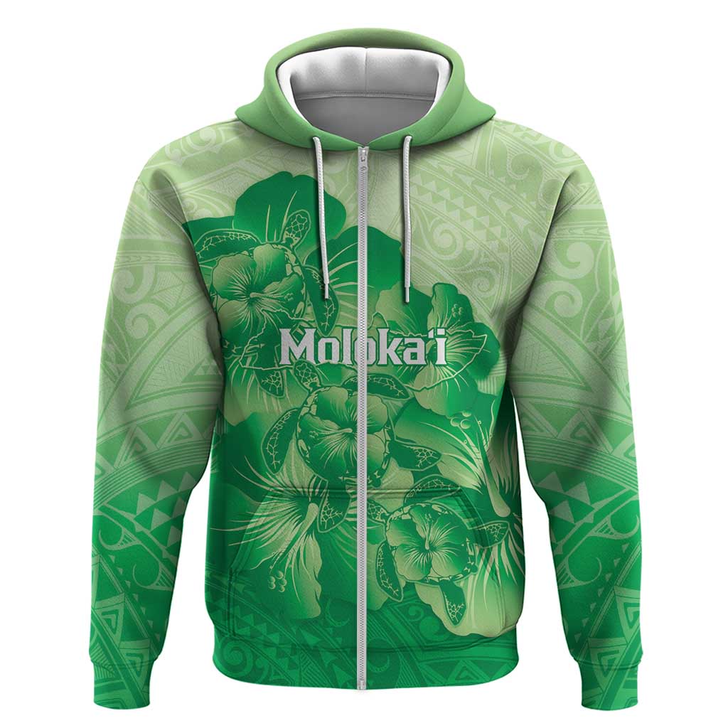 Aloha Hawaii Molokai Island Zip Hoodie Hibiscus Tribal Honu Hawaiian Tattoo Green