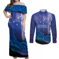 Personalised Matariki New Zealand Couples Matching Off Shoulder Maxi Dress and Long Sleeve Button Shirt Maori New Year Galaxy Koru Pattern
