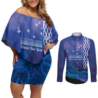 Personalised Matariki New Zealand Couples Matching Off Shoulder Short Dress and Long Sleeve Button Shirt Maori New Year Galaxy Koru Pattern