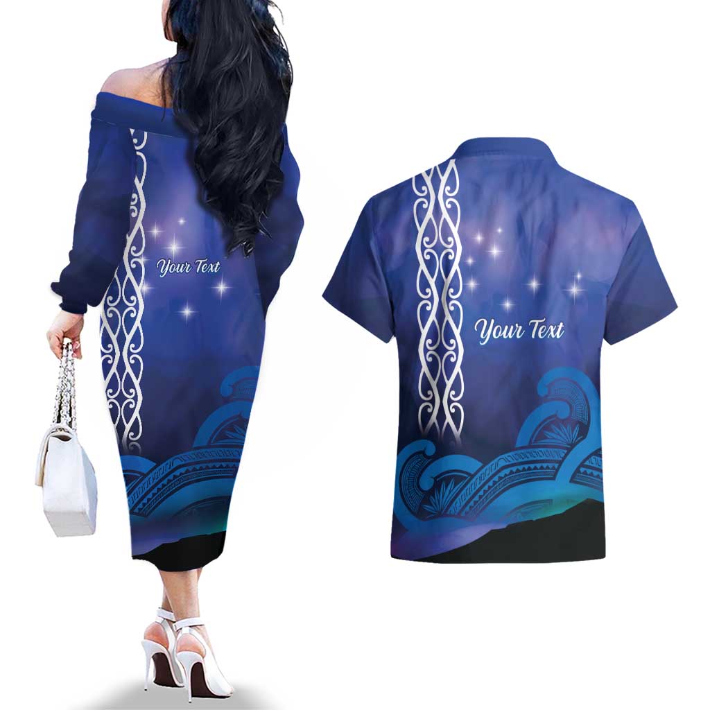 Personalised Matariki New Zealand Couples Matching Off The Shoulder Long Sleeve Dress and Hawaiian Shirt Maori New Year Galaxy Koru Pattern