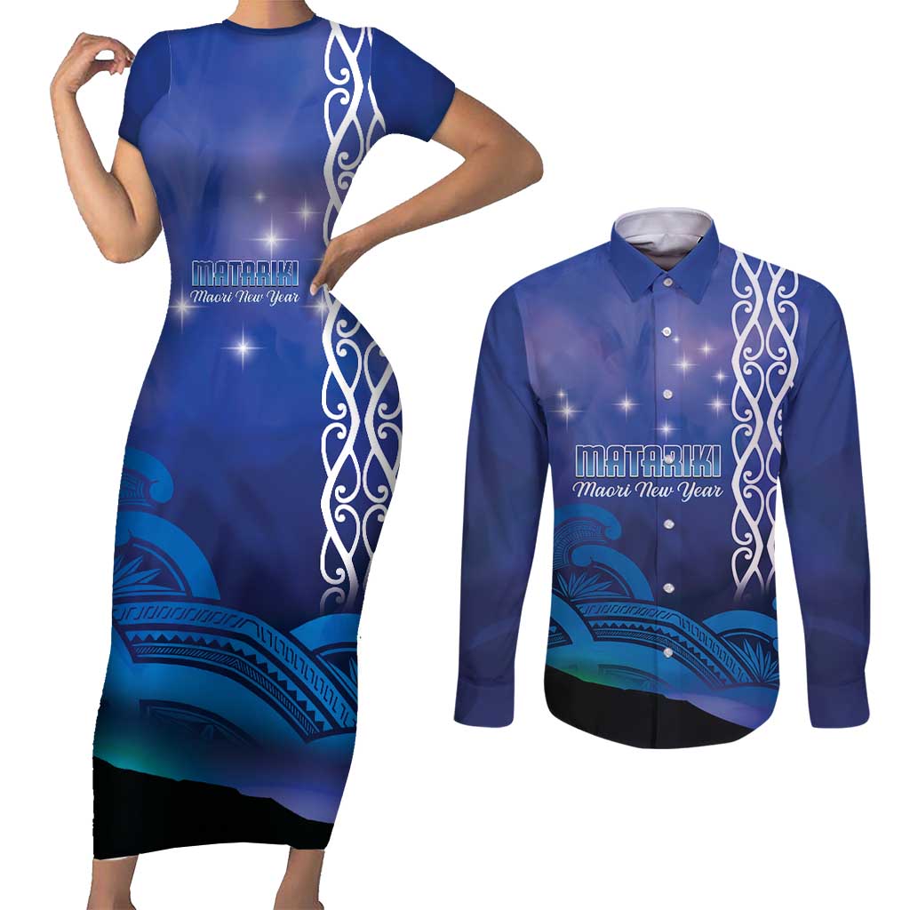 Personalised Matariki New Zealand Couples Matching Short Sleeve Bodycon Dress and Long Sleeve Button Shirt Maori New Year Galaxy Koru Pattern