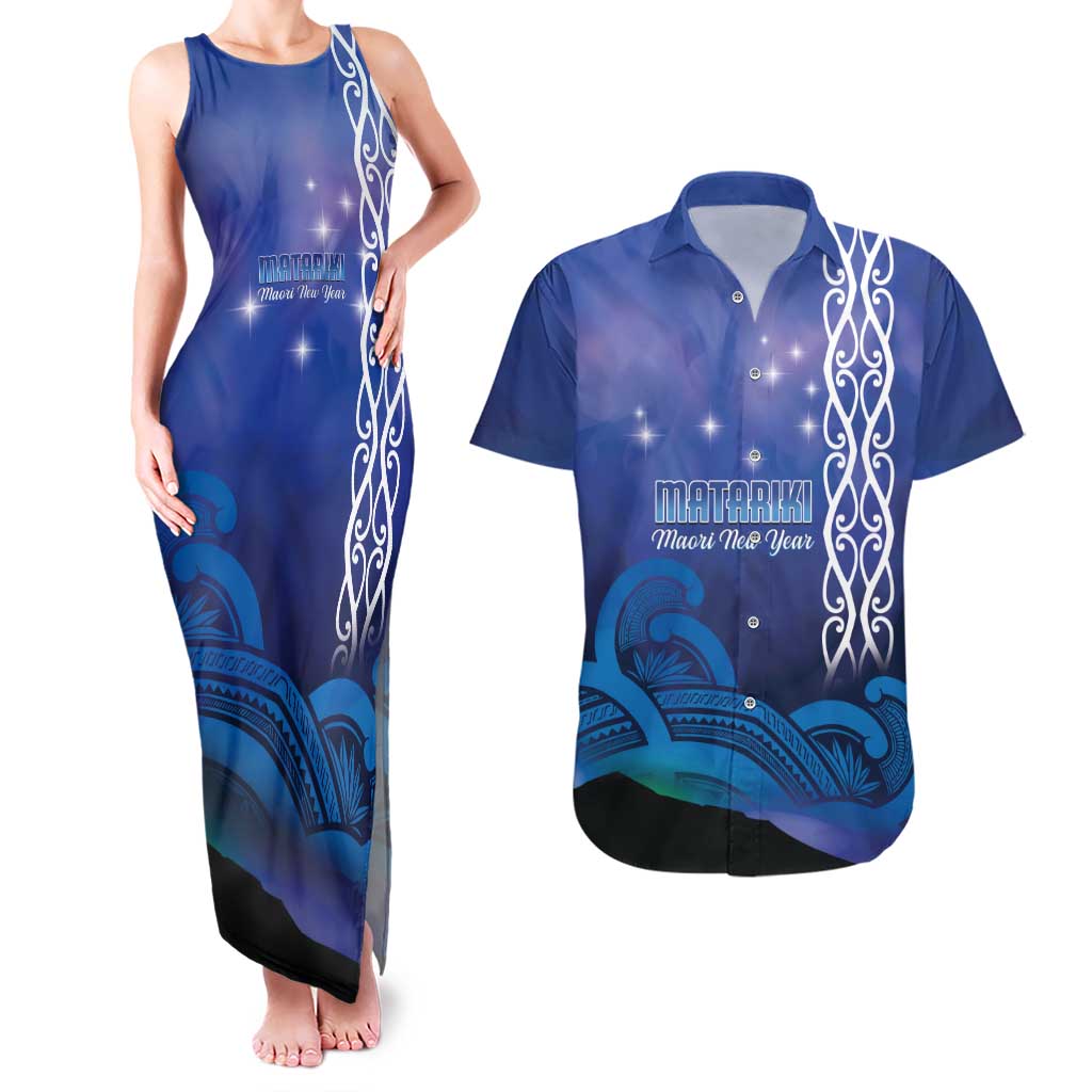 Personalised Matariki New Zealand Couples Matching Tank Maxi Dress and Hawaiian Shirt Maori New Year Galaxy Koru Pattern