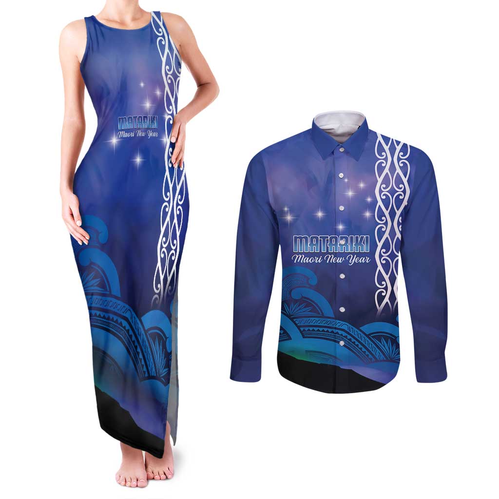 Personalised Matariki New Zealand Couples Matching Tank Maxi Dress and Long Sleeve Button Shirt Maori New Year Galaxy Koru Pattern
