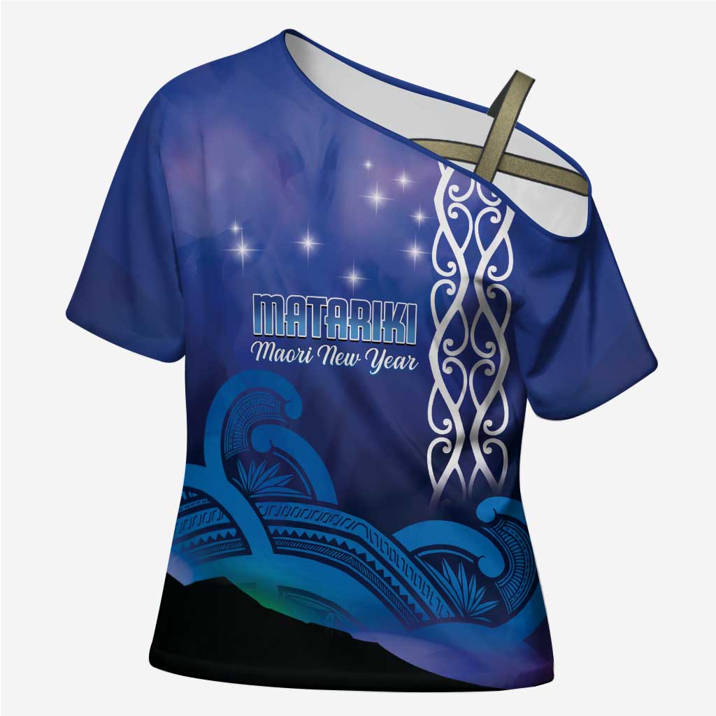 Personalised Matariki New Zealand Cross Shoulder Shirt Maori New Year Galaxy Koru Pattern - Polynesian Pride