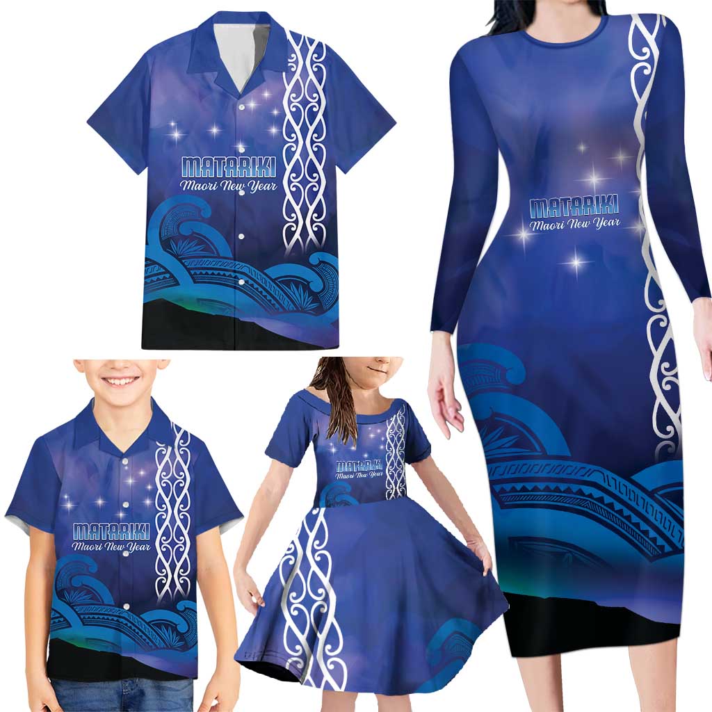 Personalised Matariki New Zealand Family Matching Long Sleeve Bodycon Dress and Hawaiian Shirt Maori New Year Galaxy Koru Pattern