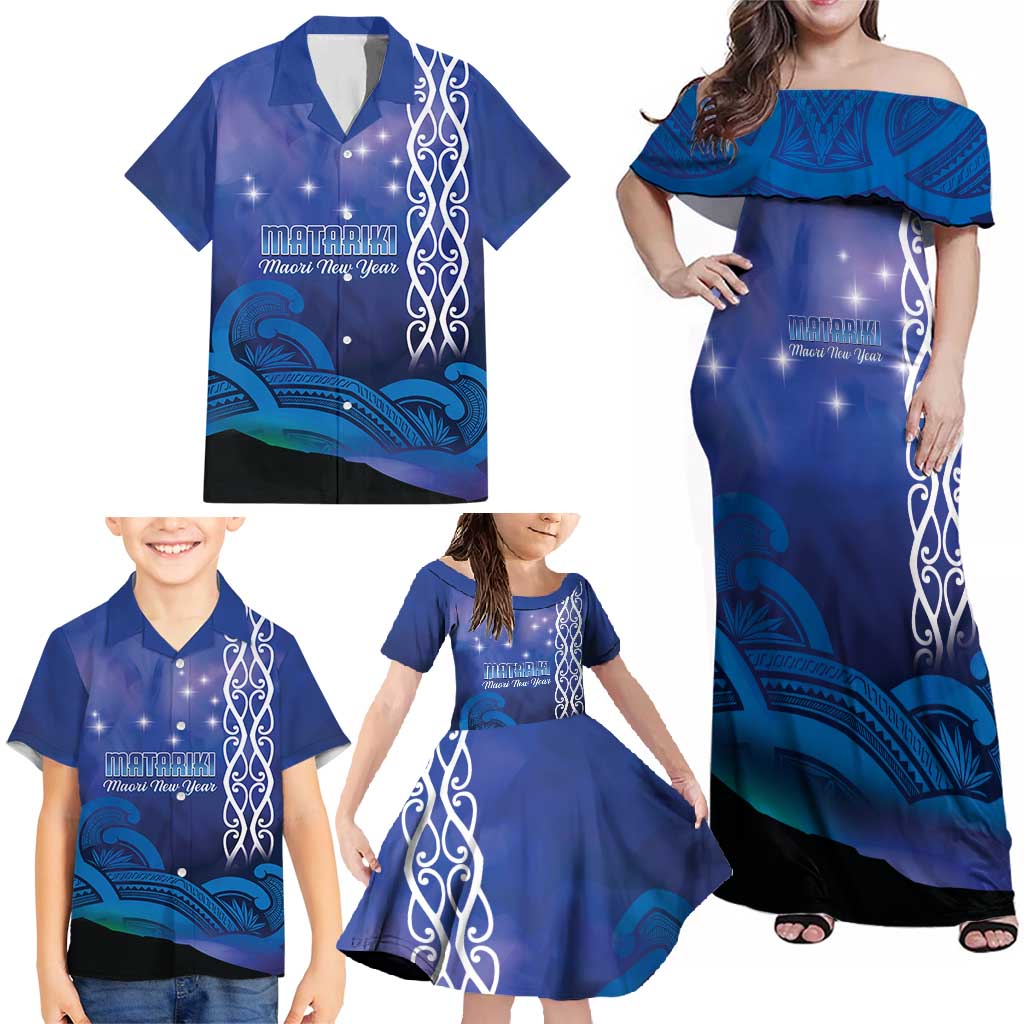Personalised Matariki New Zealand Family Matching Off Shoulder Maxi Dress and Hawaiian Shirt Maori New Year Galaxy Koru Pattern