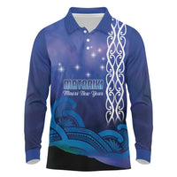 Personalised Matariki New Zealand Long Sleeve Polo Shirt Maori New Year Galaxy Koru Pattern LT14 Blue - Polynesian Pride
