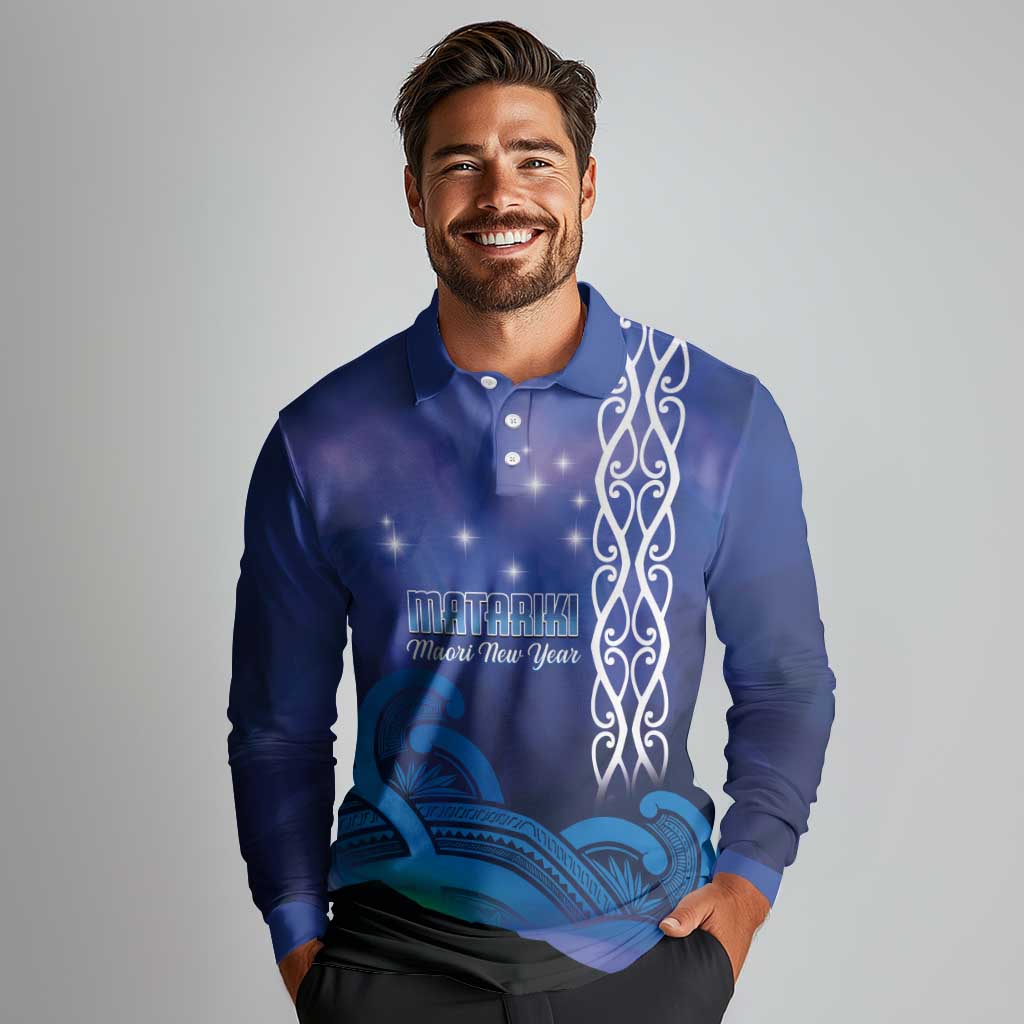 Personalised Matariki New Zealand Long Sleeve Polo Shirt Maori New Year Galaxy Koru Pattern LT14 - Polynesian Pride