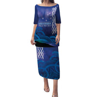 Personalised Matariki New Zealand Puletasi Maori New Year Galaxy Koru Pattern LT14 Long Dress Blue - Polynesian Pride