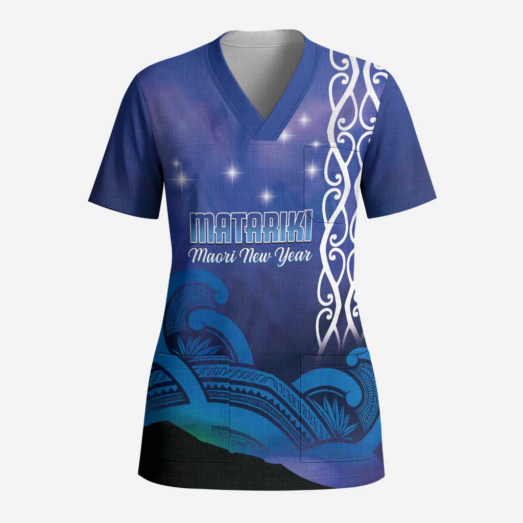 Personalised Matariki New Zealand Scrub Top Maori New Year Galaxy Koru Pattern - Polynesian Pride