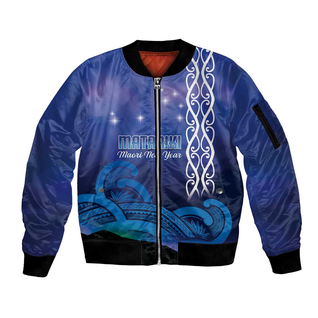 Personalised Matariki New Zealand Sleeve Zip Bomber Jacket Maori New Year Galaxy Koru Pattern LT14 Unisex Blue - Polynesian Pride