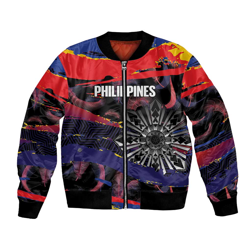 Philippines Sun Tattoo Bomber Jacket Feathers Filipinas Grunge Style Black LT14 Unisex Black - Polynesian Pride