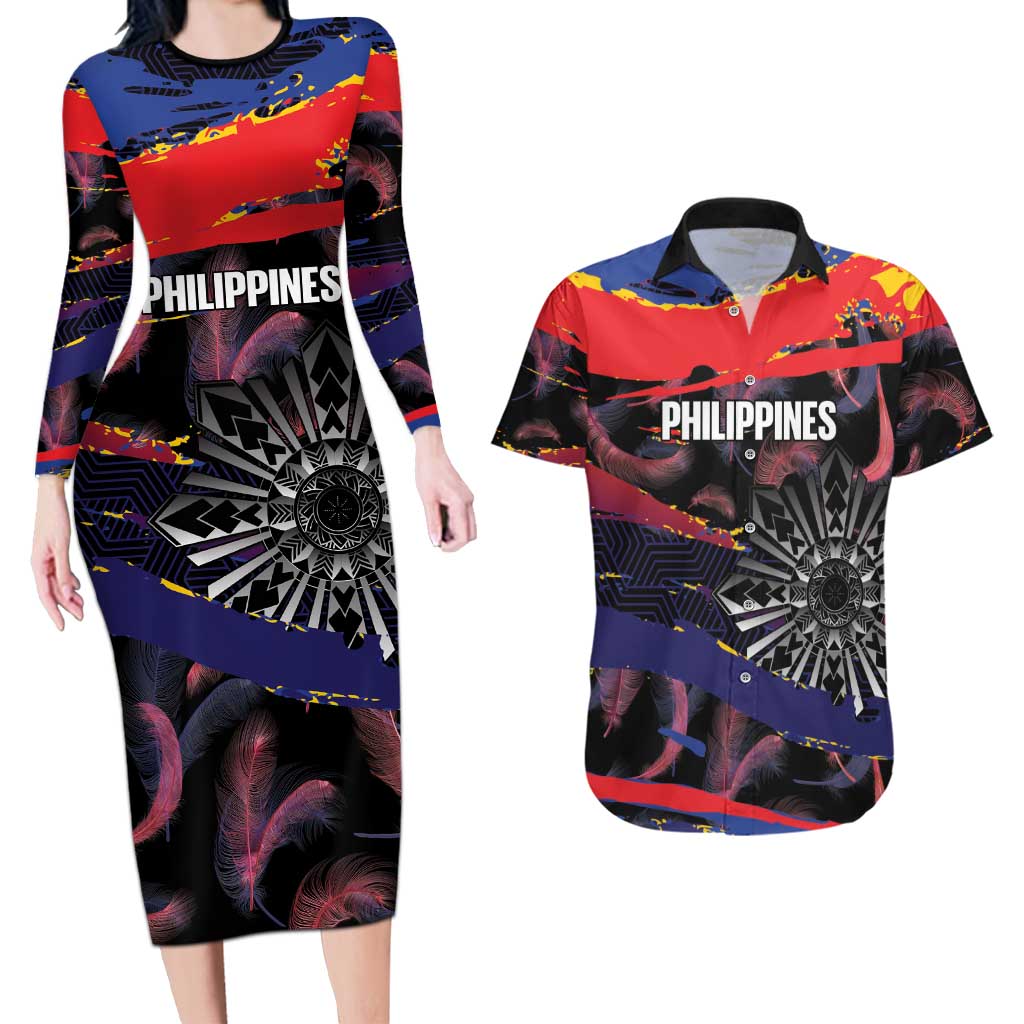 Philippines Sun Tattoo Couples Matching Long Sleeve Bodycon Dress and Hawaiian Shirt Feathers Filipinas Grunge Style Black LT14 Black - Polynesian Pride