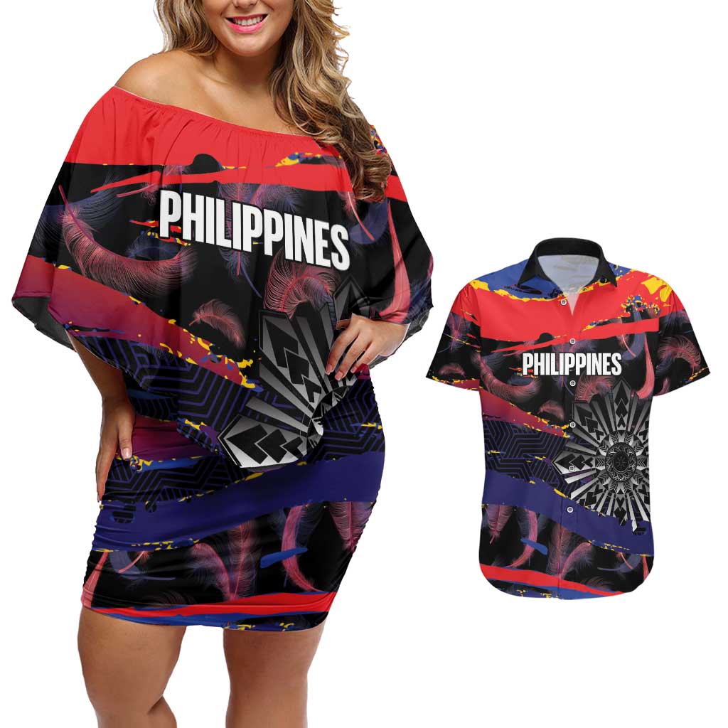 Philippines Sun Tattoo Couples Matching Off Shoulder Short Dress and Hawaiian Shirt Feathers Filipinas Grunge Style Black