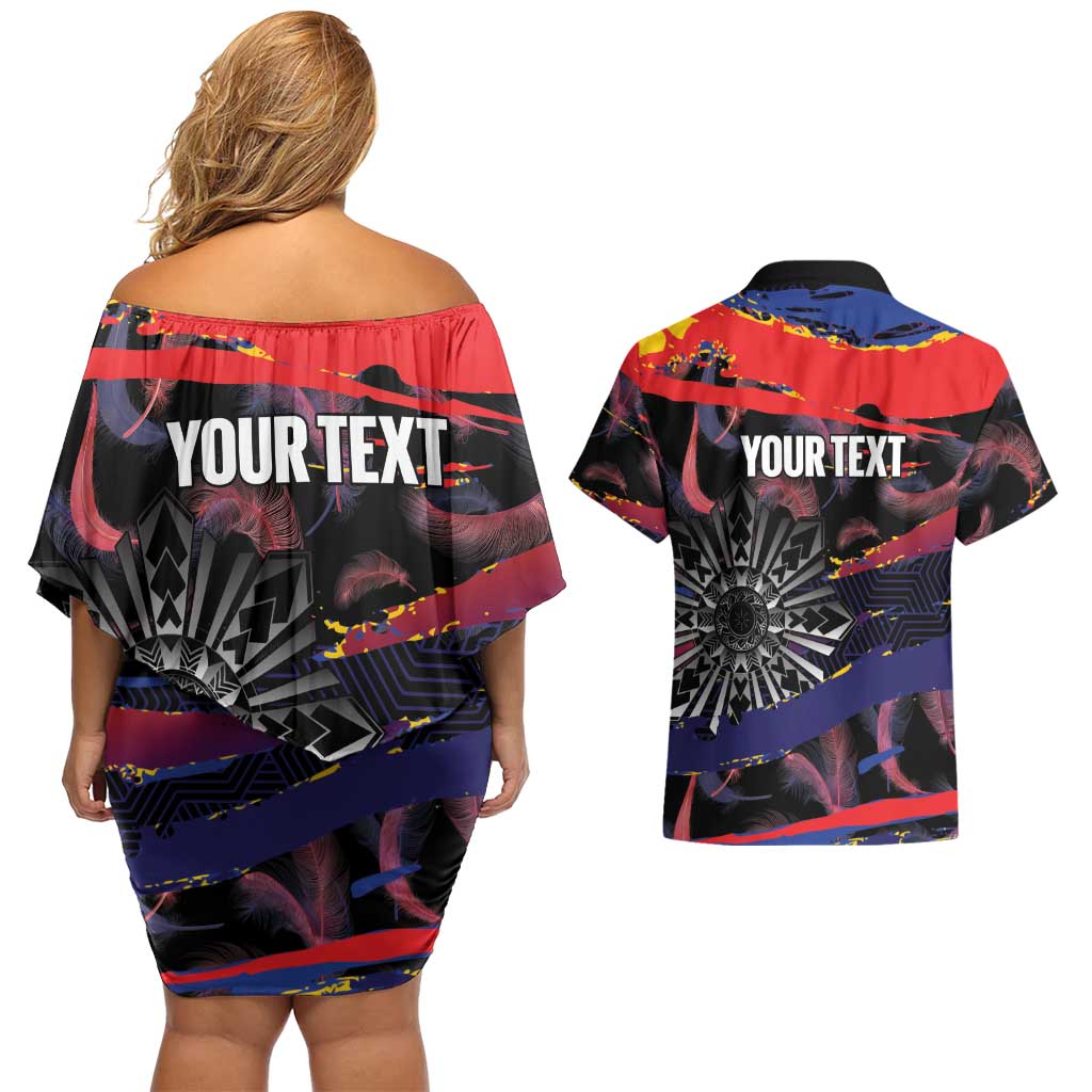 Philippines Sun Tattoo Couples Matching Off Shoulder Short Dress and Hawaiian Shirt Feathers Filipinas Grunge Style Black