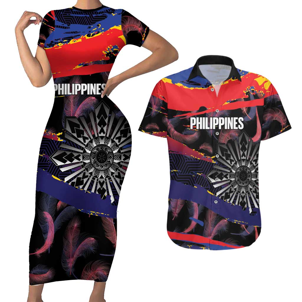 Philippines Sun Tattoo Couples Matching Short Sleeve Bodycon Dress and Hawaiian Shirt Feathers Filipinas Grunge Style Black LT14 Black - Polynesian Pride