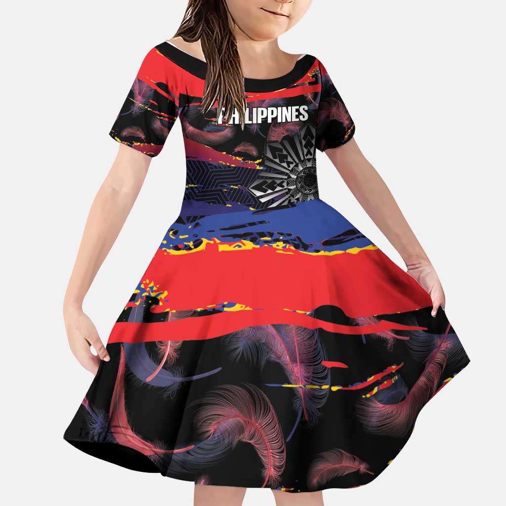 Philippines Sun Tattoo Family Matching Off Shoulder Maxi Dress and Hawaiian Shirt Feathers Filipinas Grunge Style Black