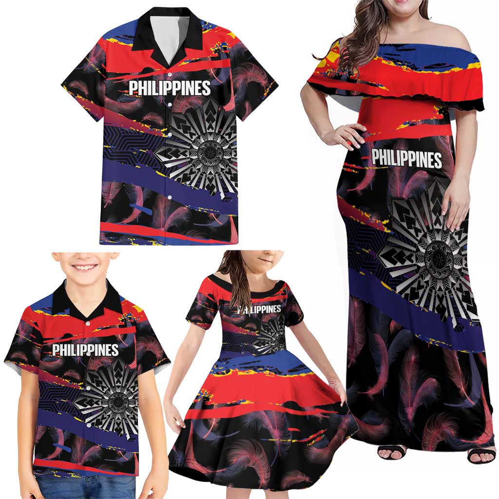 Philippines Sun Tattoo Family Matching Off Shoulder Maxi Dress and Hawaiian Shirt Feathers Filipinas Grunge Style Black