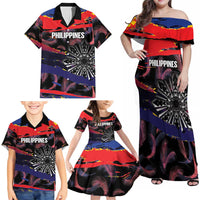 Philippines Sun Tattoo Family Matching Off Shoulder Maxi Dress and Hawaiian Shirt Feathers Filipinas Grunge Style Black