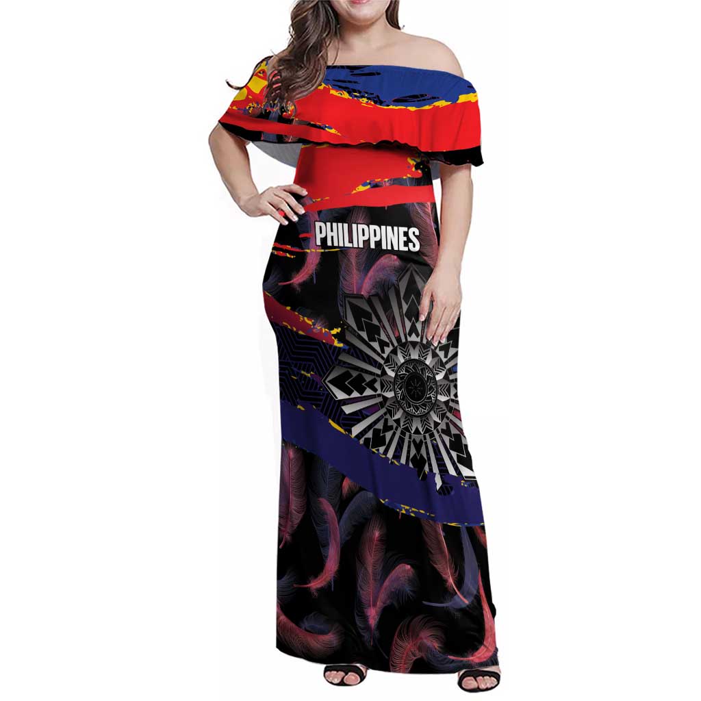 Philippines Sun Tattoo Family Matching Off Shoulder Maxi Dress and Hawaiian Shirt Feathers Filipinas Grunge Style Black