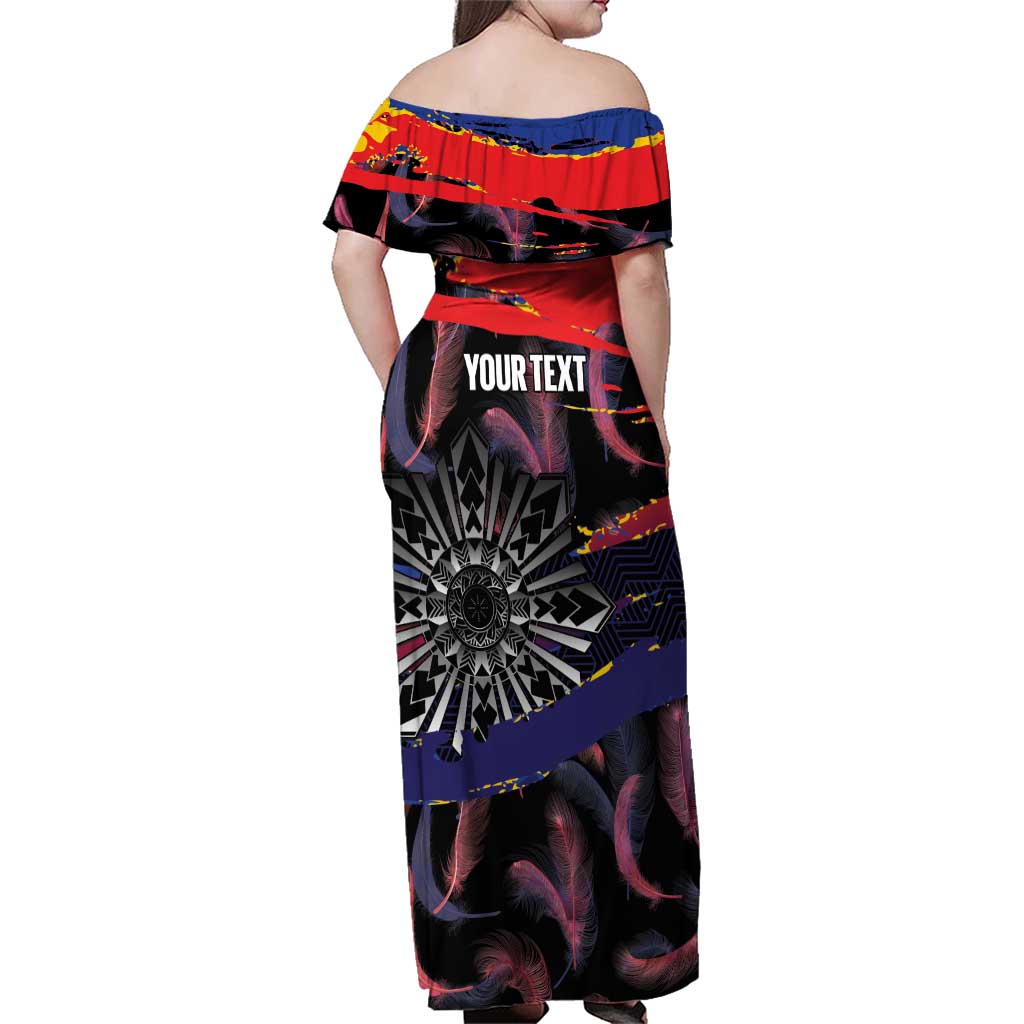 Philippines Sun Tattoo Family Matching Off Shoulder Maxi Dress and Hawaiian Shirt Feathers Filipinas Grunge Style Black