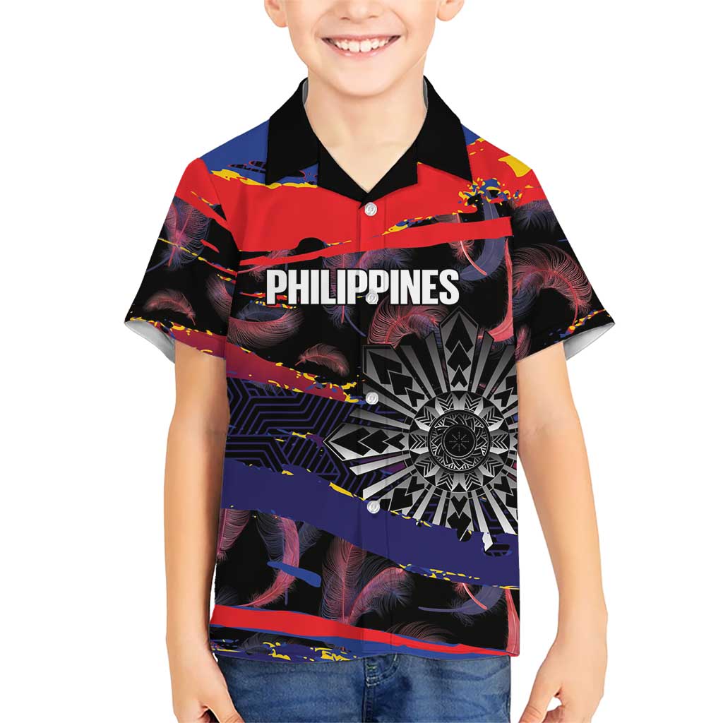 Philippines Sun Tattoo Family Matching Off Shoulder Maxi Dress and Hawaiian Shirt Feathers Filipinas Grunge Style Black
