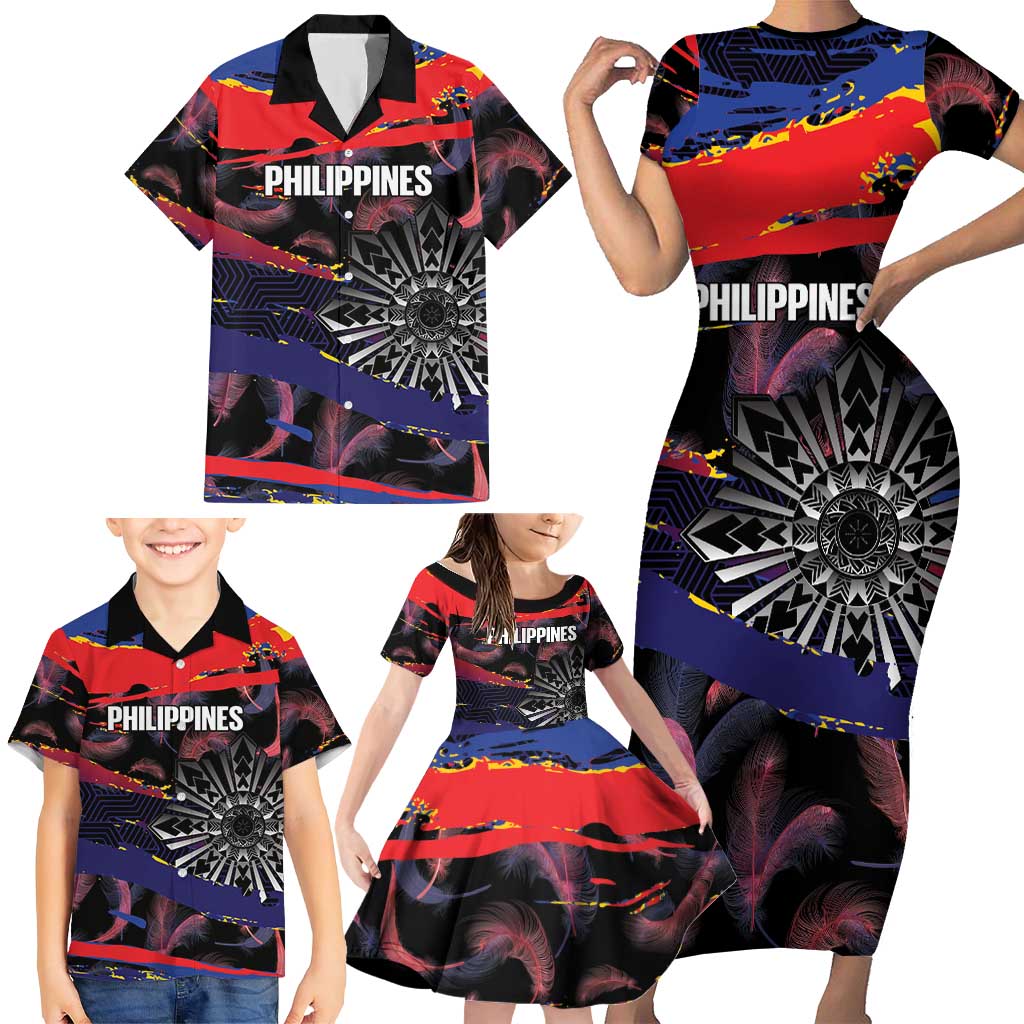 Philippines Sun Tattoo Family Matching Short Sleeve Bodycon Dress and Hawaiian Shirt Feathers Filipinas Grunge Style Black LT14 - Polynesian Pride