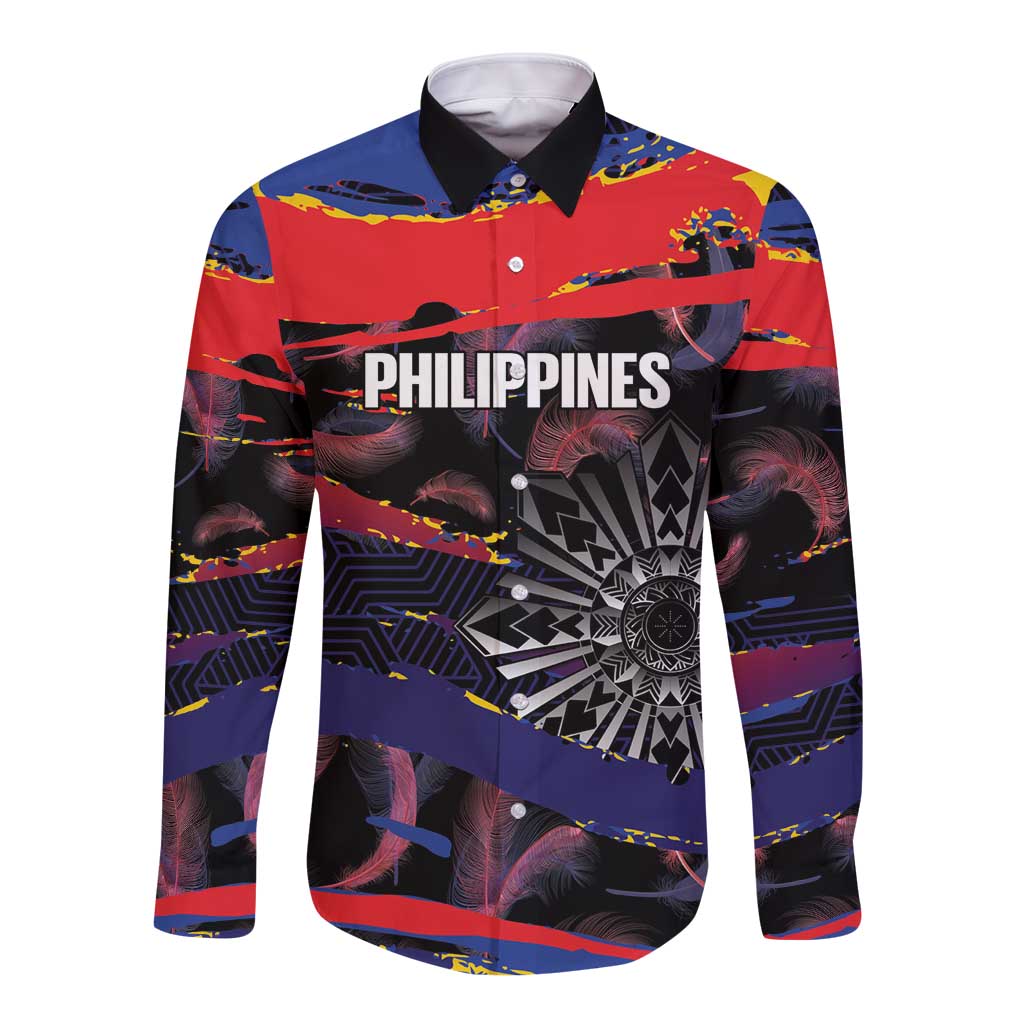 Philippines Sun Tattoo Long Sleeve Button Shirt Feathers Filipinas Grunge Style Black