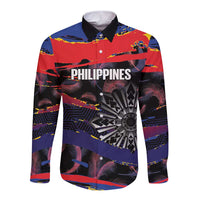 Philippines Sun Tattoo Long Sleeve Button Shirt Feathers Filipinas Grunge Style Black