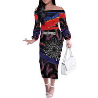 Philippines Sun Tattoo Off The Shoulder Long Sleeve Dress Feathers Filipinas Grunge Style Black LT14 Women Black - Polynesian Pride