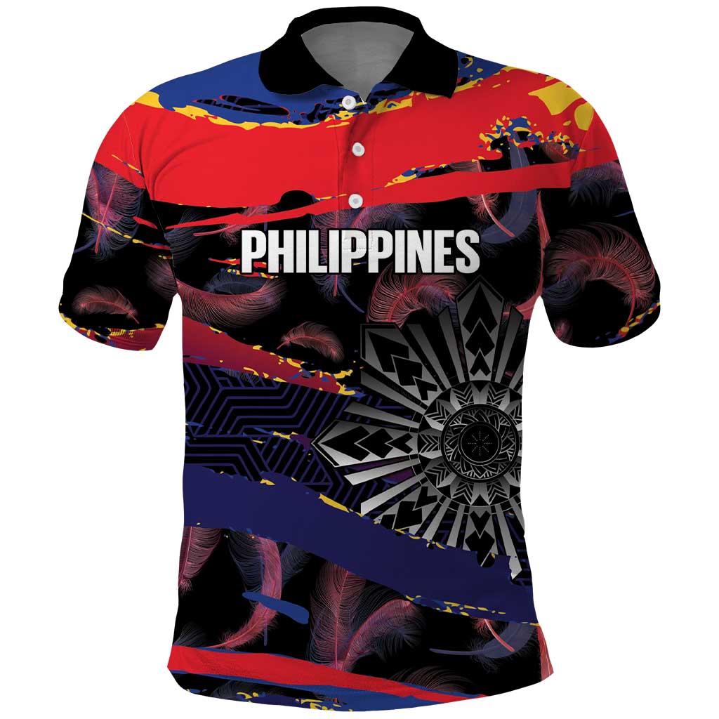 Philippines Sun Tattoo Polo Shirt Feathers Filipinas Grunge Style Black LT14 Black - Polynesian Pride