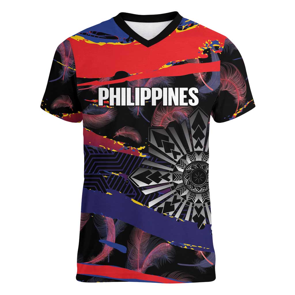 Philippines Sun Tattoo Women V-Neck T-Shirt Feathers Filipinas Grunge Style Black