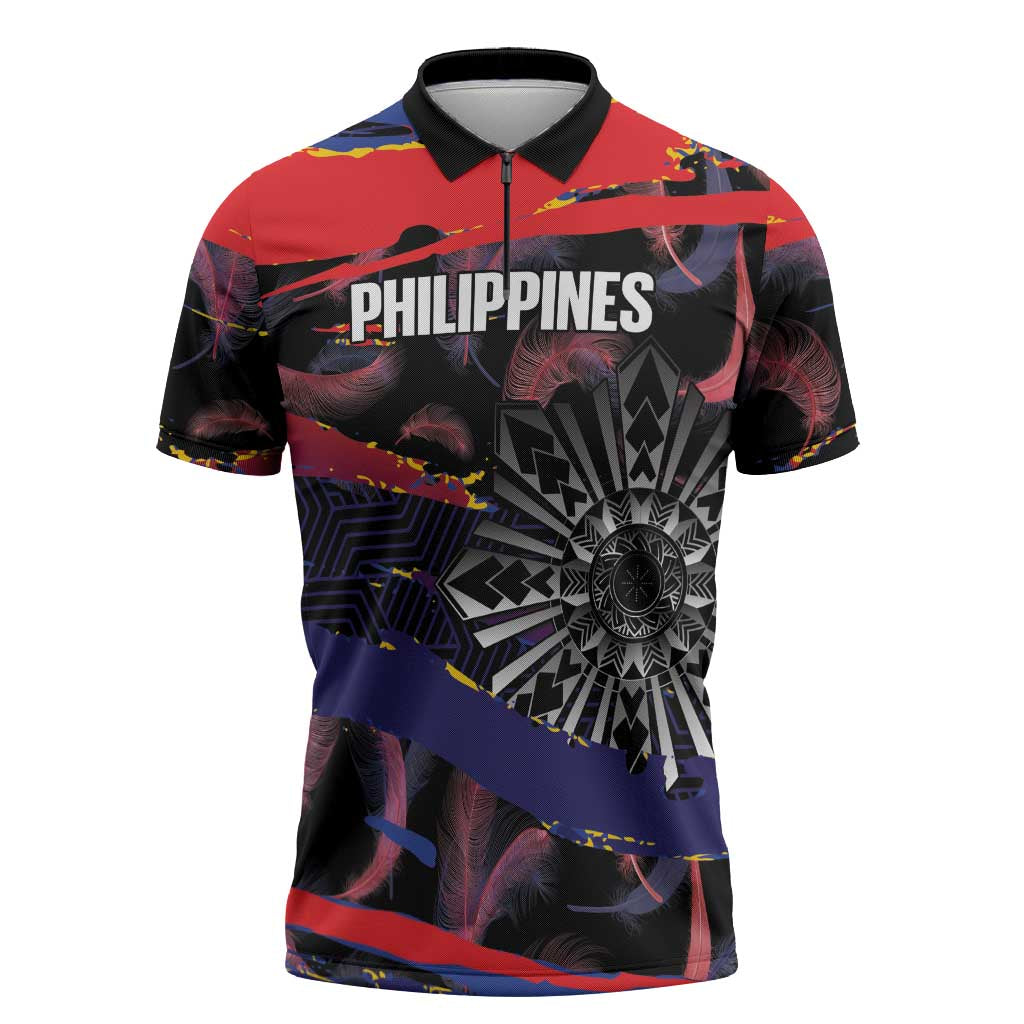 Philippines Sun Tattoo Zipper Polo Shirt Feathers Filipinas Grunge Style Black