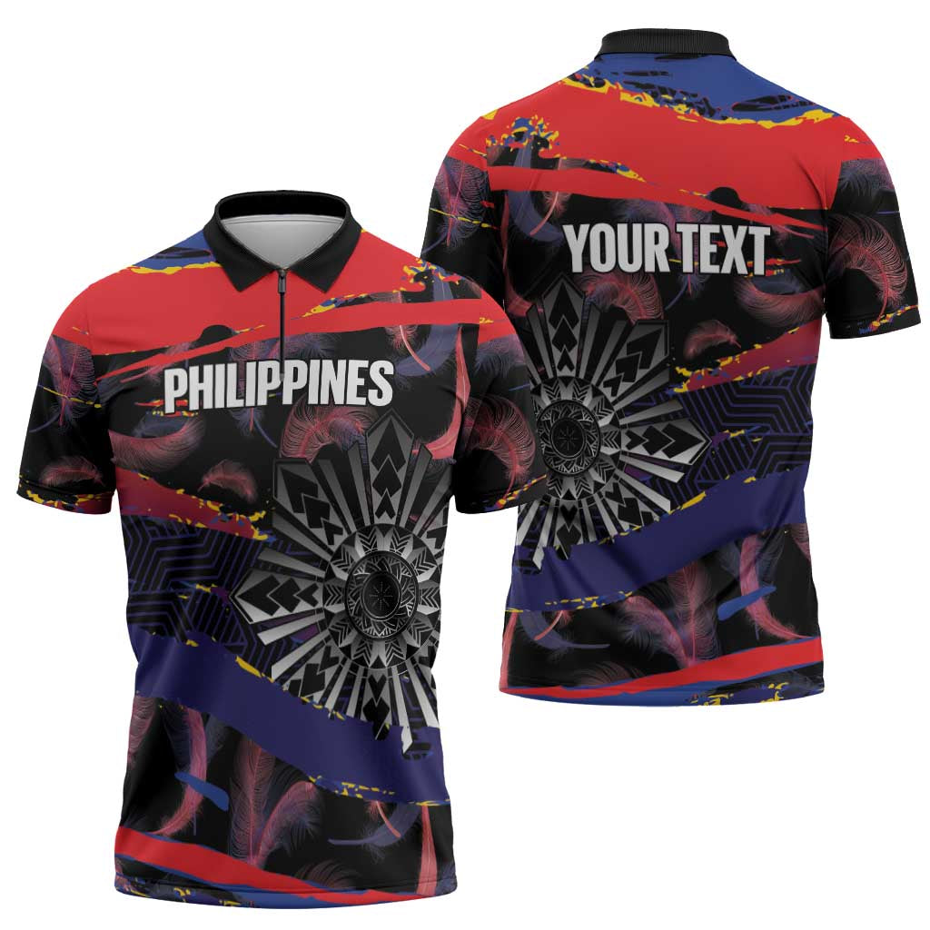 Philippines Sun Tattoo Zipper Polo Shirt Feathers Filipinas Grunge Style Black