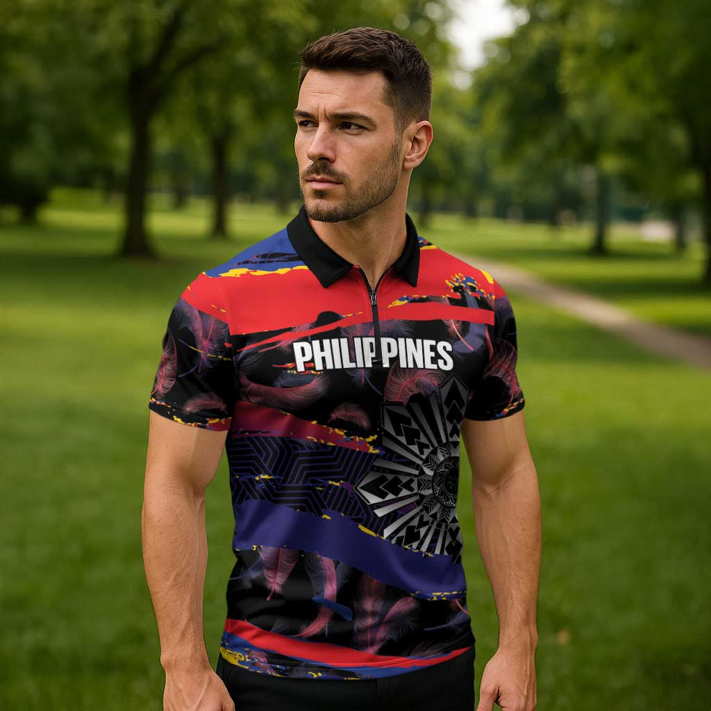 Philippines Sun Tattoo Zipper Polo Shirt Feathers Filipinas Grunge Style Black