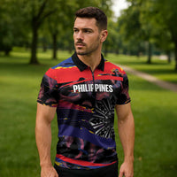 Philippines Sun Tattoo Zipper Polo Shirt Feathers Filipinas Grunge Style Black
