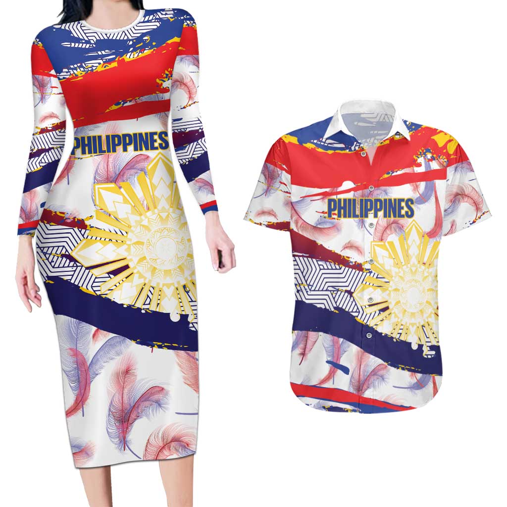 Philippines Sun Tattoo Couples Matching Long Sleeve Bodycon Dress and Hawaiian Shirt Feathers Filipinas Grunge Style White