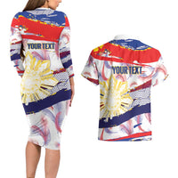Philippines Sun Tattoo Couples Matching Long Sleeve Bodycon Dress and Hawaiian Shirt Feathers Filipinas Grunge Style White
