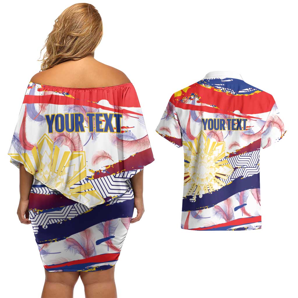 Philippines Sun Tattoo Couples Matching Off Shoulder Short Dress and Hawaiian Shirt Feathers Filipinas Grunge Style White